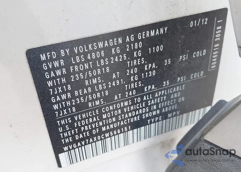 2012 Volkswagen Tiguan Se z USA, uszkodzony, nr VIN WVGAV7AX0CW566151